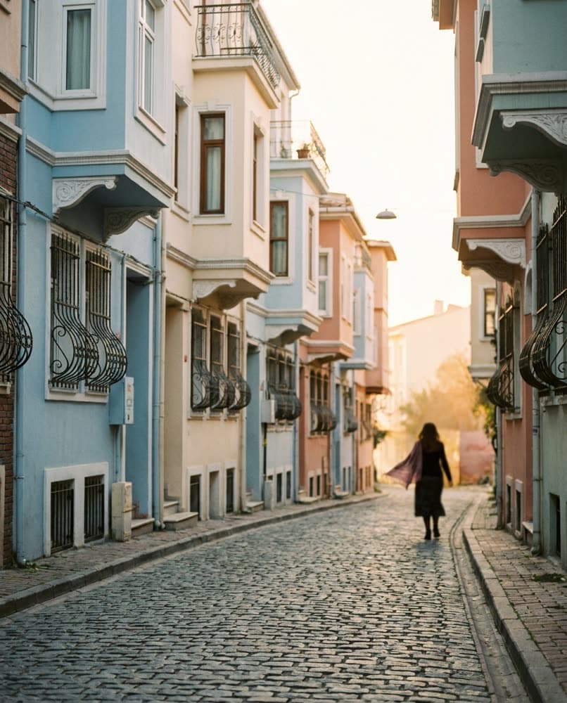 Pastel houses of Balat at golden hour