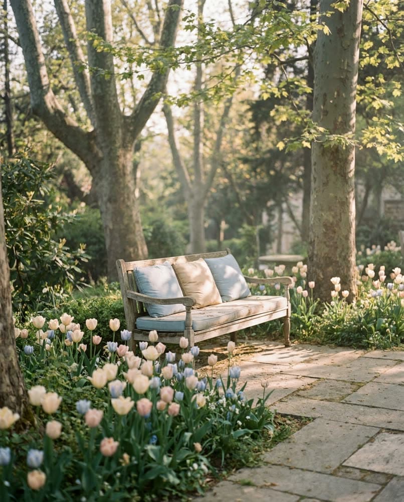 A quiet garden bench under plane trees